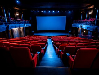 Fototapeta premium Empty Cinema Theatre: Rows of Red Seats Await Moviegoers