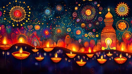 Digital illustration depicting the Diwali festival, filled with vibrant lights and cultural symbolism.
