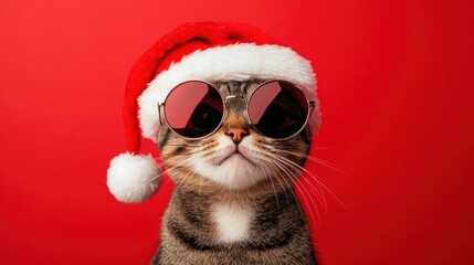 Cute holiday concept: a funny cat with round sunglasses and a Santa Claus hat, looking festive and cool against a red background.