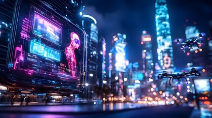 Obraz premium cyberpunk cityscape: drones & ai hologram - cyberpunk aesthetics
