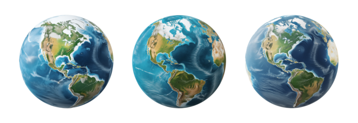 Planet earth globe isolated on white background. Blue and green realistic world. PNG transparent.