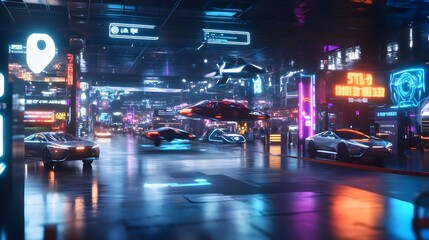 Obraz premium cyberpunk cityscape: flying cars & neon lights - cyberpunk aesthetics