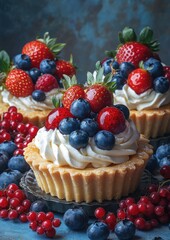 Delightful Fruit Tarts with Fresh Berries and Creamy Whipped Topping Set Against a Rustic Blue Background for Culinary and Dessert Inspiration