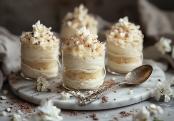 Delightful Layered Desserts Featuring Creamy Toppings and Fluffy Layers, Perfect for Celebrations, Events, or Indulgent Treats in Elegant Setting