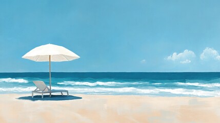 Tranquil Beach Scene with White Umbrella and Lounge Chair on Sandy Shore Under Clear Blue Sky and Gentle Ocean Waves