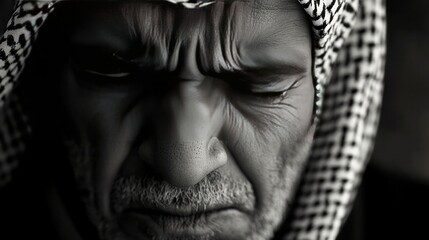 Dramatic black and white portrait of a crying Arabic man, deep wrinkles and emotional sorrow captured in an extreme close-up.