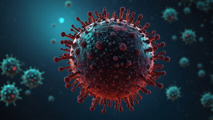 Microscopic view of a virus showcasing intricate surface details and vibrant colors in a dark background