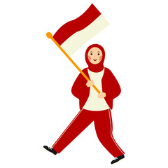 Indonesian Hijab Women Holding Indonesian Flag. Vector Illustration in Cartoon Style.