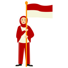 Indonesian Hijab Women Holding Indonesian Flag. Vector Illustration in Cartoon Style.