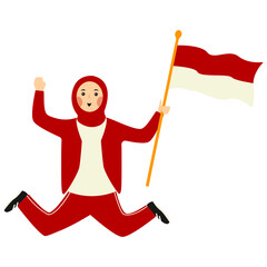 Indonesian Hijab Women Holding Indonesian Flag. Vector Illustration in Cartoon Style.