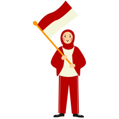 Indonesian Hijab Women Holding Indonesian Flag. Vector Illustration in Cartoon Style.