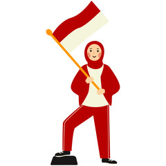 Indonesian Hijab Women Holding Indonesian Flag. Vector Illustration in Cartoon Style.