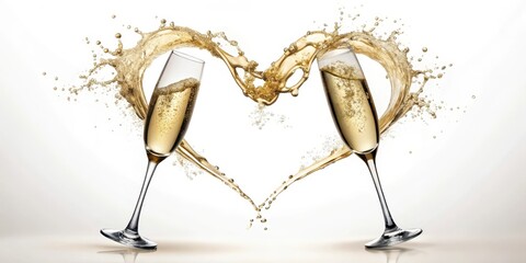 Elegant champagne glasses with an abstract heart splash on a white background , Glassware, Champagne,  Glassware