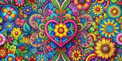 Colorful psychedelic flowers with intertwined hearts surrounded by peace symbols and vibrant patterns , psychedelic art