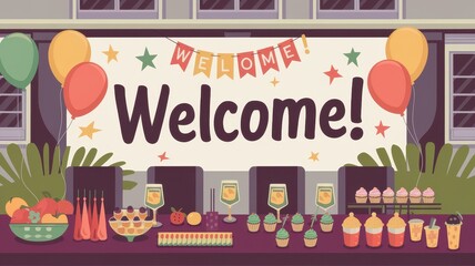 Festive Welcome Party Setup With Delicious Treats and Balloons