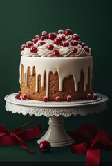 Elegant Christmas Cake with Rich Frosting and Red Berries on a Vintage Stand, Perfect for Holiday Celebrations and Festive Gatherings