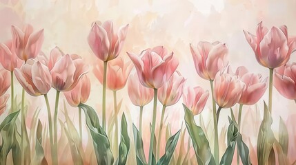 A serene illustration of pink tulips in a soft, pastel background, evoking beauty and tranquility.
