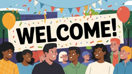 Diverse group welcomes new members with festive banner