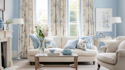 A serene living room featuring light blue decor, floral curtains, and elegant furnishings.