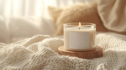 White candle, beige color background, cozy place