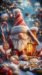 Festive Christmas Gnome with Gingerbread House and Candy Canes