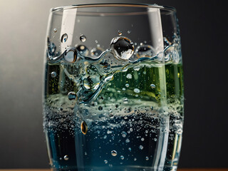 Refreshing drink with vibrant colors and bubbles captured in a glass on a dark background