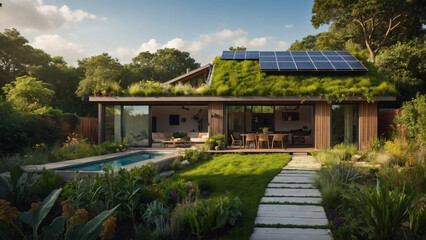 Eco-friendly modern house with solar panels and lush garden in a serene setting surrounded by nature
