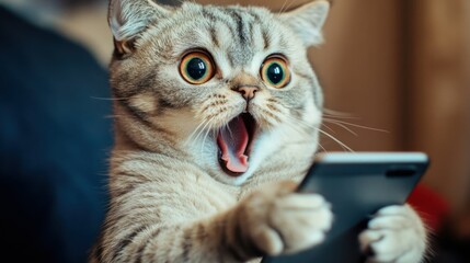 Funny shocked cat with its mouth open in surprise, sitting upright and furiously typing on a smartphone with paws.