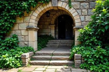 Fototapeta premium Ancient stone wall with ivy covered arches and stairs leading down, old building, rustic