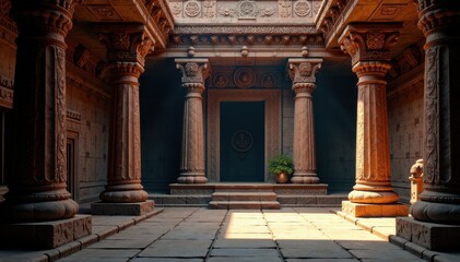 Obraz premium Ancient temple interior features intricate carvings and mysterious symbols, symbols, overgrowth