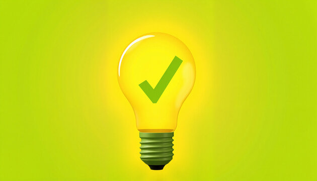 Light bulb with green check mark on bright yellow background