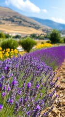 Vibrant purple lavender fields bask in bright sunlight hillside landscape. AI Generated