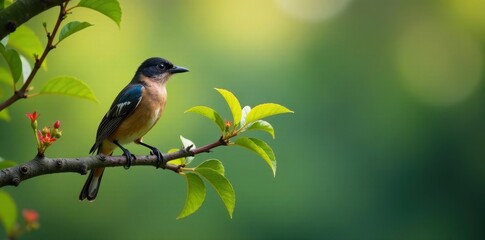 Bird perched on a branch of a tree with leaves and flowers , outdoors, branches