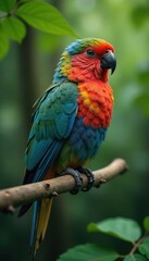 Fototapeta premium Bird perched on a branch in the forest with vibrant close-up details of its feathers and beak, woodland scene, closeup