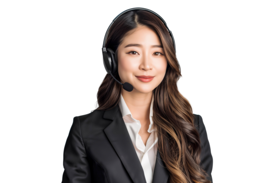 Smiling female call center operator wearing a headset, isolated on transparent background