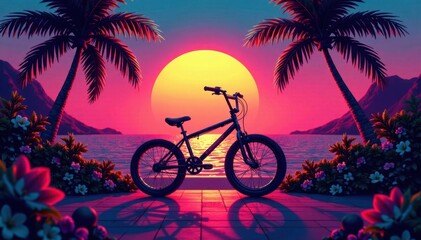 Fototapeta premium BMX bike under vibrant sunset with neon lights in the background, surrounded by tropical plants and colorful flowers , night, vibrant sunset