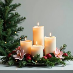 Candlelit altar with candles, winter flowers, and evergreen branches, evergreen, lanterns