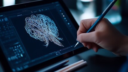 Digital artist creating intricate and detailed drawing on a tablet, showcasing creative process and artistic expression in modern technology environment