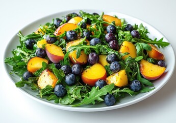 Fresh and Colorful Salad with Peaches and Blueberries Garnished with Arugula in a White Bowl on a Light Background