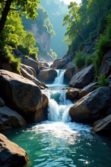 Clear water cascading down rocky terrain with dense foliage, trees, natural scenery