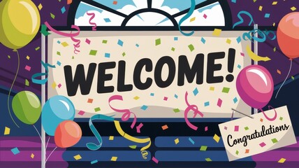 Festive Welcome Sign with Balloons and Confetti