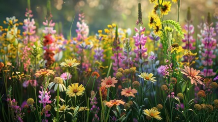 Fototapeta premium A vibrant meadow filled with diverse wildflowers in bloom, showcasing nature's beauty.