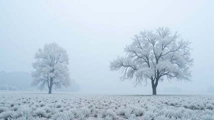 Fototapeta premium Frost-kissed yucca field framed by an icy, leafless tree; serene winter's touch blankets nature in delicate beauty