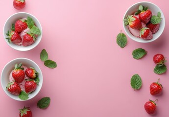 Fresh and Delicious Strawberries with Mint Leaves in Bowls on a Pink Background Creating a Vibrant and Appealing Food Presentation for Summer Desserts