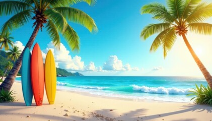 Colorful beach scene with surfboards, palm trees, and comic book-style balloons, beach, playful