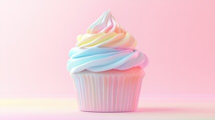Minimalist pastel cupcake with smooth swirls of rainbow frosting, soft pinks, blues, and yellows glowing on a clean light background.