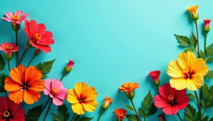 Colorful floral patterns with red salvia, orange marigolds and yellow hibiscus flowers on a turquoise background, hispanic heritage, flowers