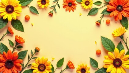 Obraz premium Colorful floral pattern with marigolds and sunflowers against a warm beige background, vibrant, sunflower