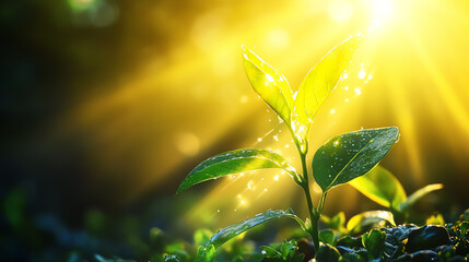 A glowing plant bathed in golden sunlight, driving both transpiration and photosynthesis, vibrant water vapor and energy interactions