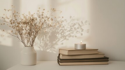 Minimalist books and a scented candle on a white wall with dried flowers in vase